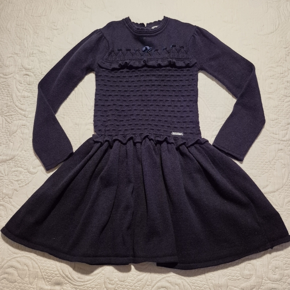 Mayoral girls size 8 navy blue dress, knit long sleeve textured bodice VGUC